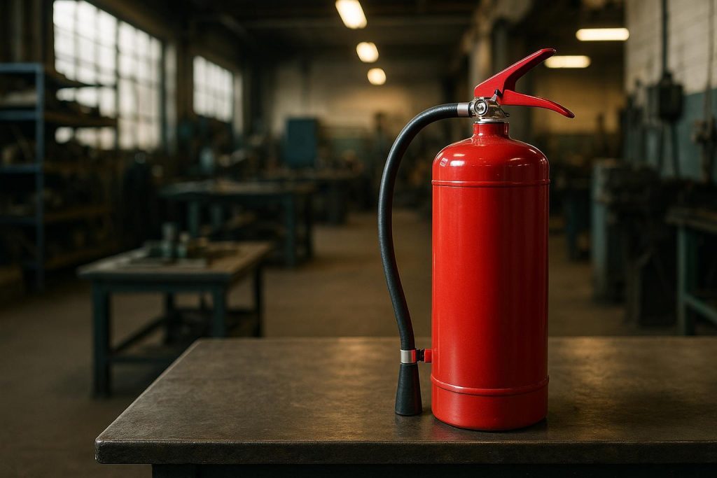Close-up of a red fire extinguisher in a workshop for fire extinguisher recharging.