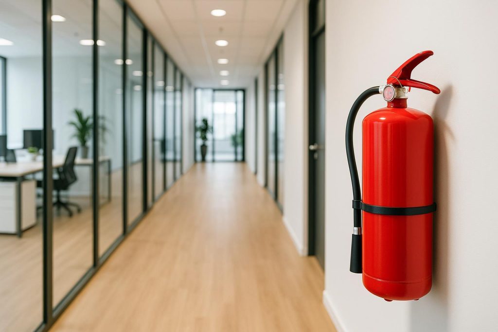Business hallway with a single red fire extinguisher for code-compliant safety in Alberta.