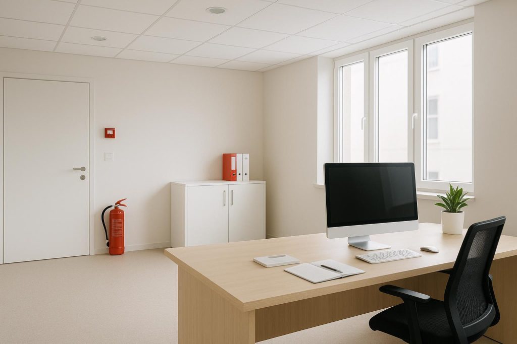 Modern office in Alberta emphasizing workplace fire safety.