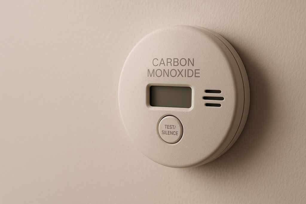 Close-up of a carbon monoxide detector in a softly lit interior.
