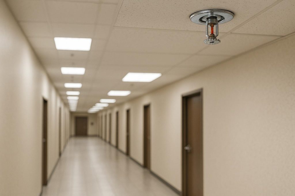Commercial corridor ceiling with code-compliant fire sprinklers overhead, ensuring building safety.