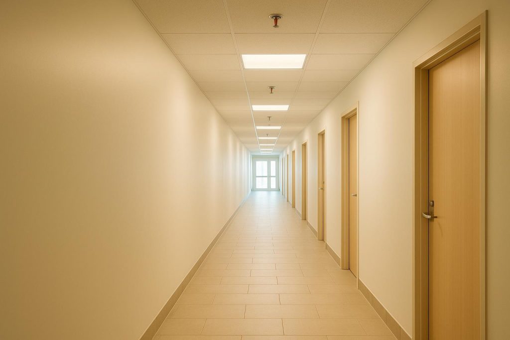 Commercial corridor with visible sprinkler heads emphasizing fire sprinkler compliance.