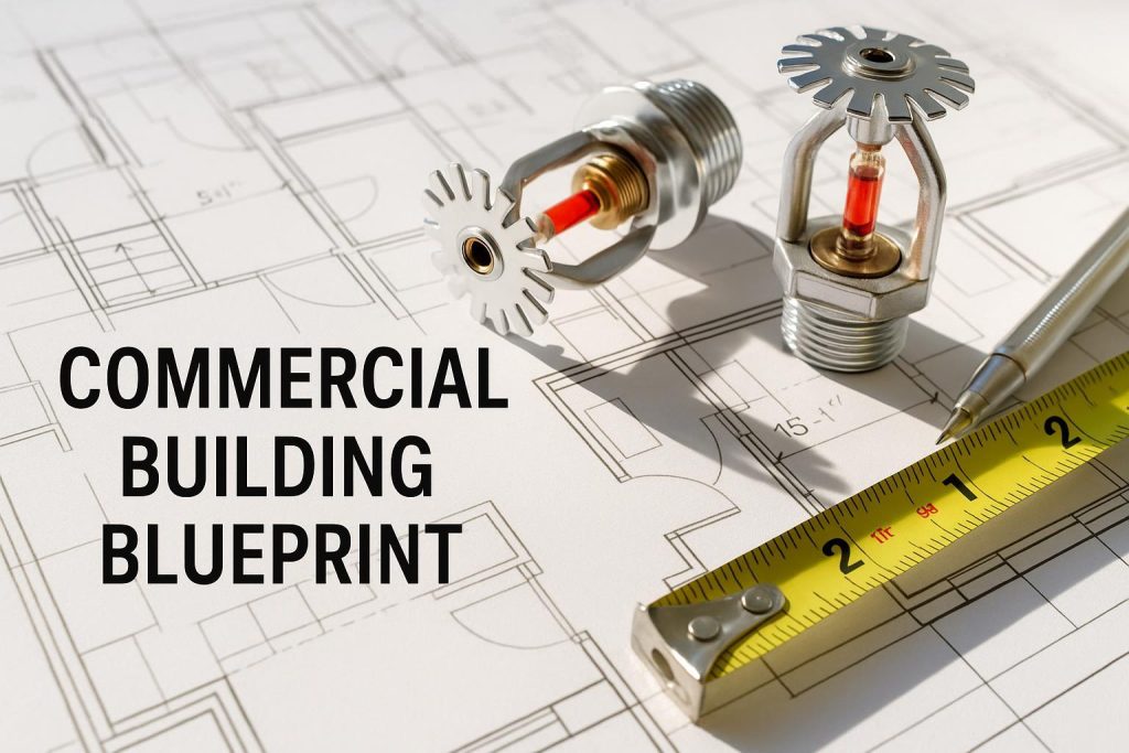 Close-up of a building blueprint with sprinkler heads and measuring tools for sprinkler system layout.