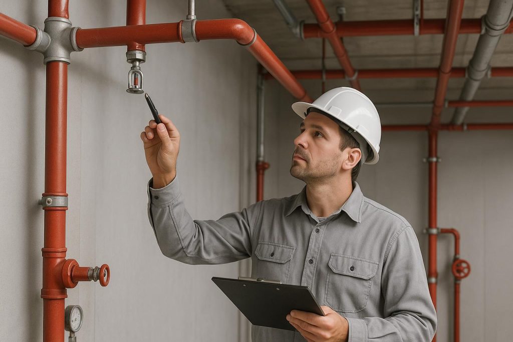 Fire safety technician performing pipe pressure testing for sprinkler compliance.
