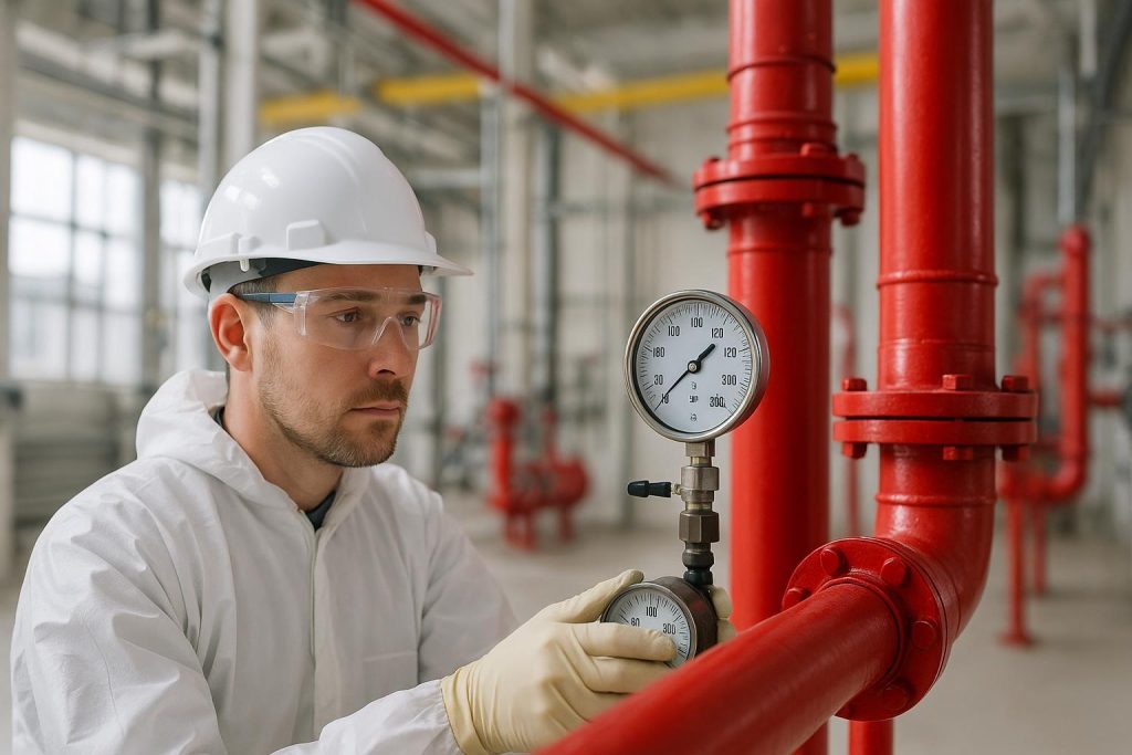 Technician in protective gear checks pipe pressure testing for safety compliance.