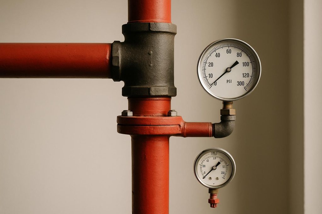 Close-up of a pressure gauge on a fire sprinkler pipe showing levels during pipe pressure testing.