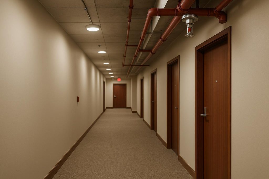 Overhead fire sprinkler in a modern hallway demonstrating fire sprinkler compliance.