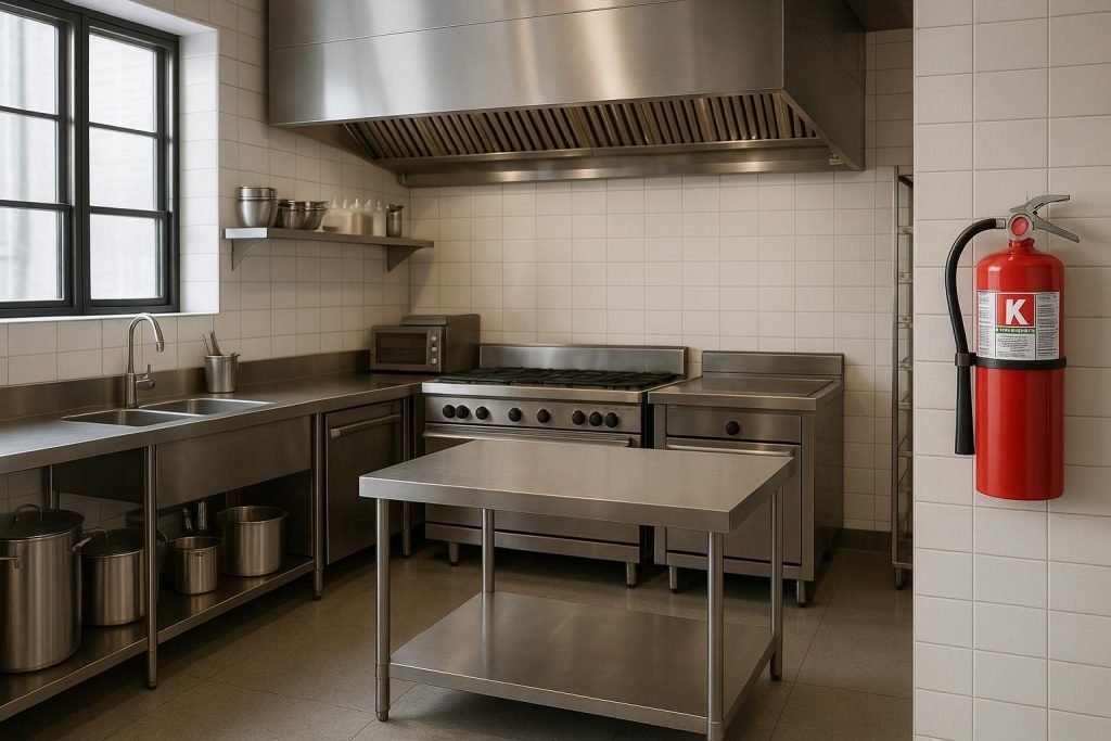 Commercial kitchen with a Class K extinguisher near cooking station for kitchen fire suppression.