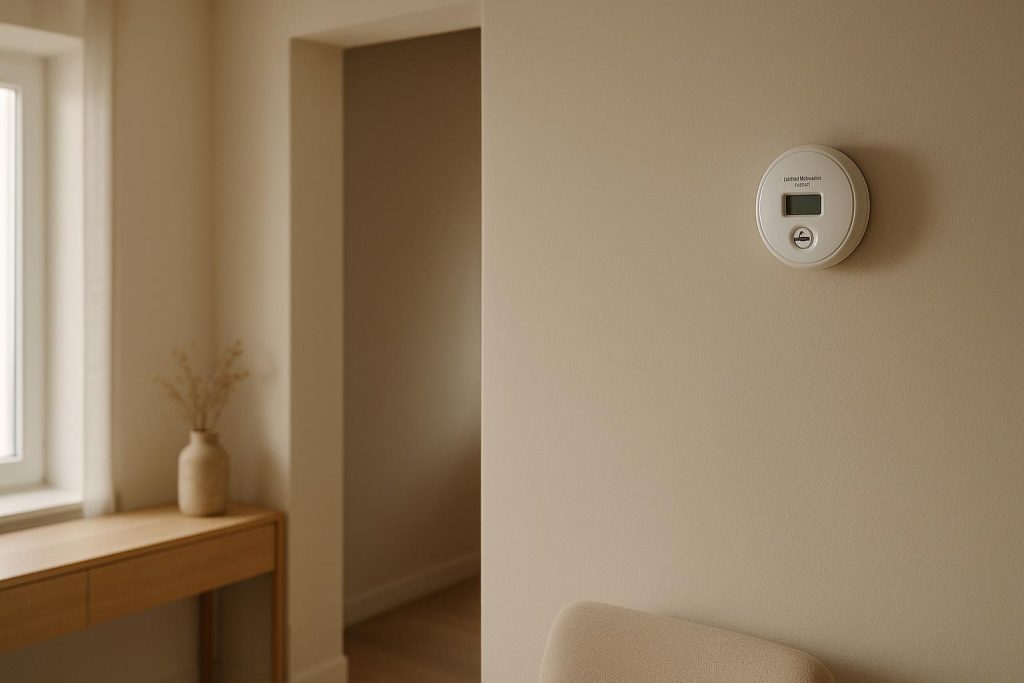A carbon monoxide detector on a home wall, illustrating how to silence the alarm.