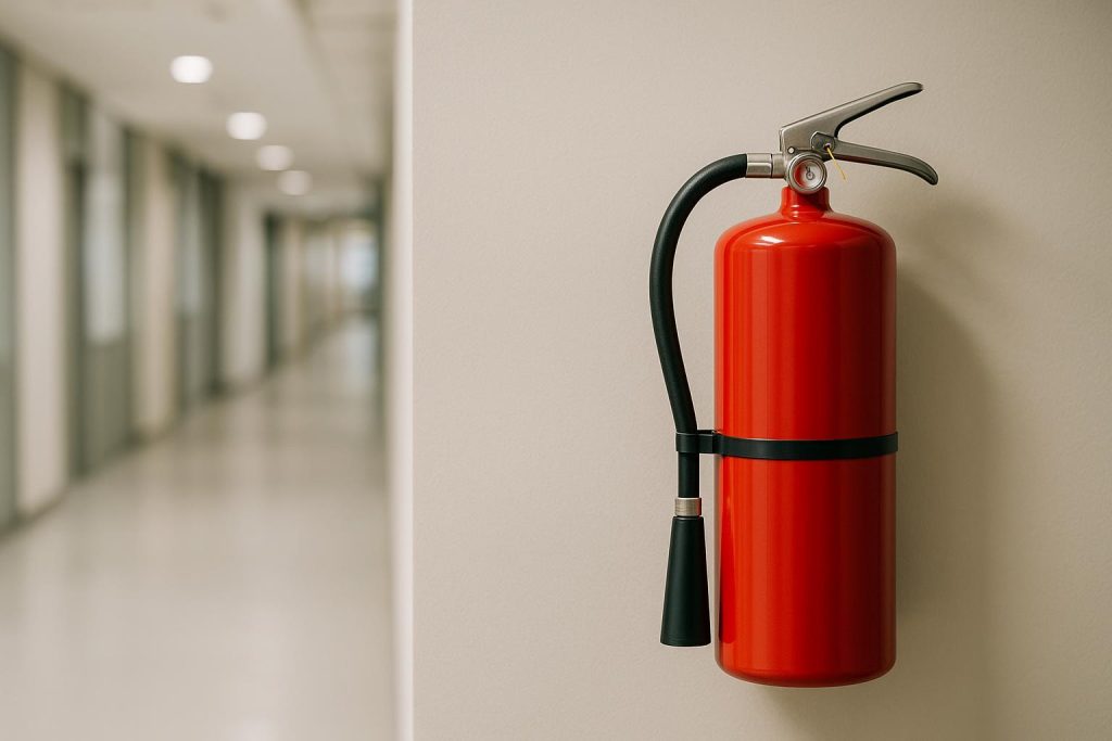 Red fire extinguisher on a wall showing signs it may need replacement.