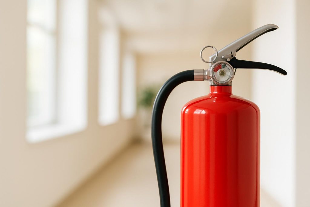 Red fire extinguisher in a well-lit space, showing its inspection tag and status.