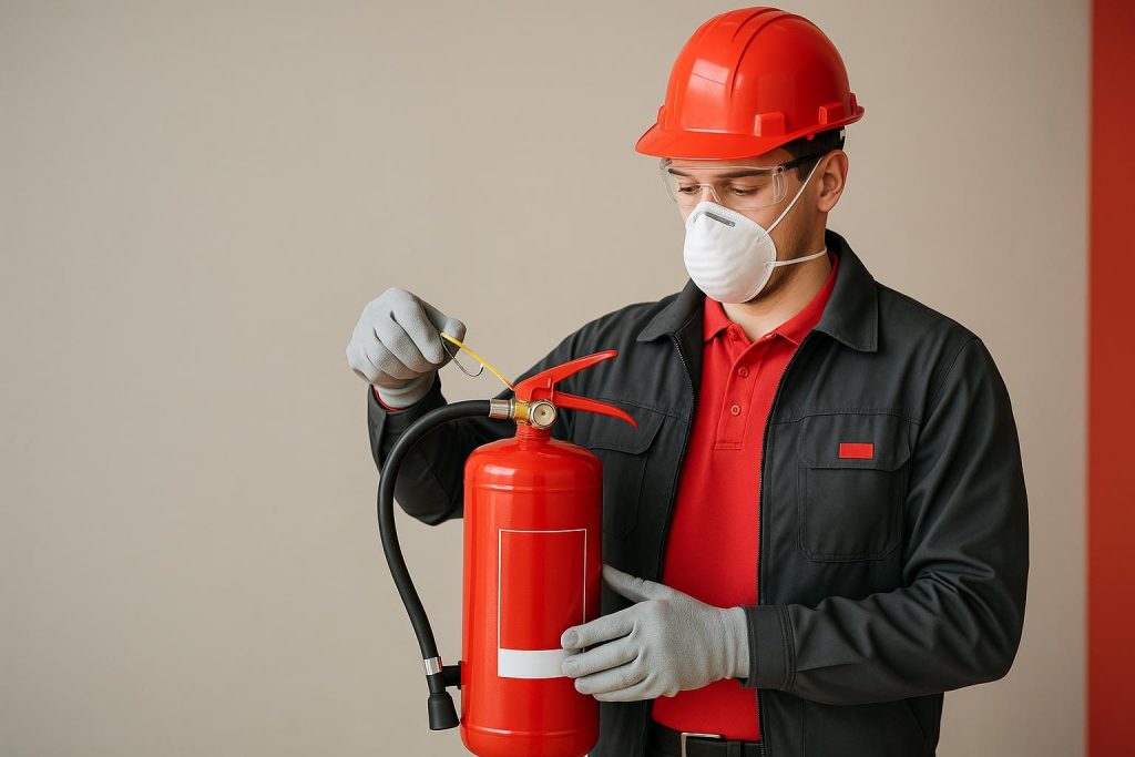 Technician demonstrating proper use of a fire extinguisher in a commercial space