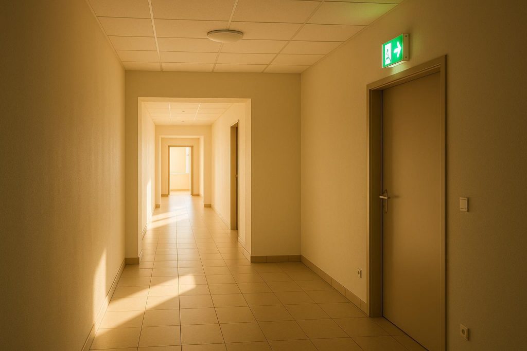 A hallway with a lit emergency lighting system overhead, emphasizing regular safety testing.
