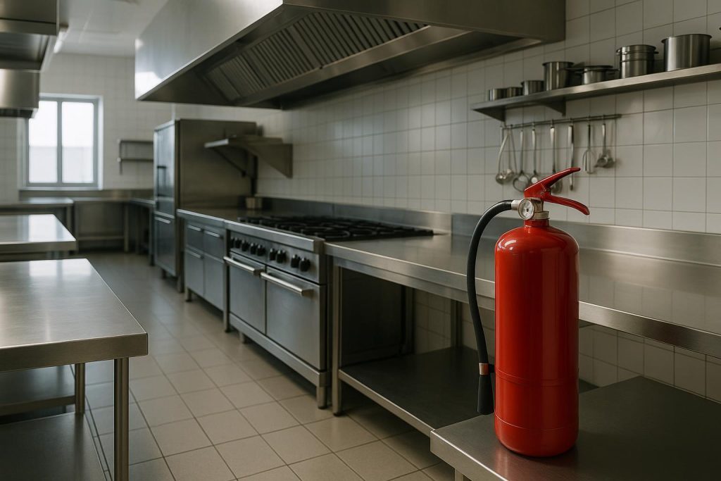 Red fire extinguisher positioned in a commercial kitchen near cooking equipment.