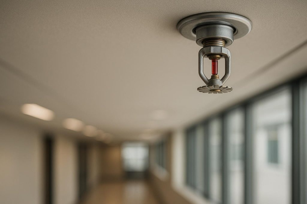 Close-up of a commercial sprinkler head, illustrating regular sprinkler compliance tests.