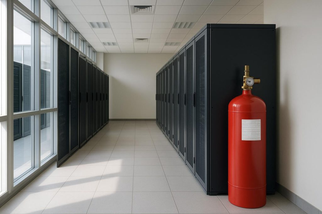 Modern data center featuring a clean agent system cylinder for code-compliant fire protection.