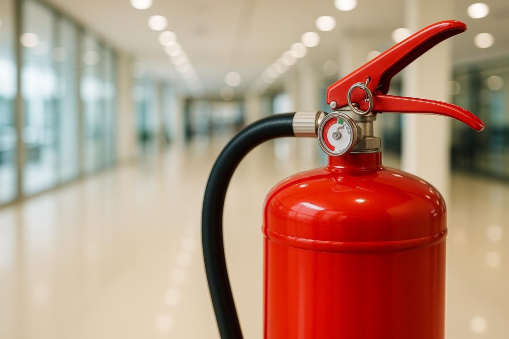 Close-up of a Class B fire extinguisher in a modern commercial hallway.
