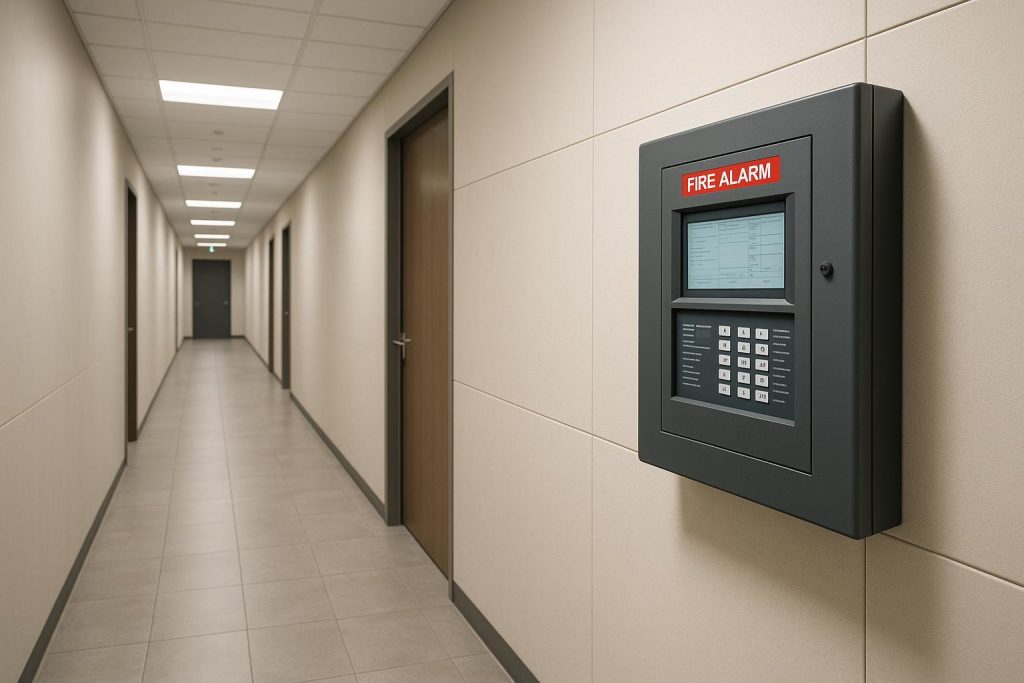 Modern commercial hallway featuring a fire alarm panel for commercial alarm upgrades.