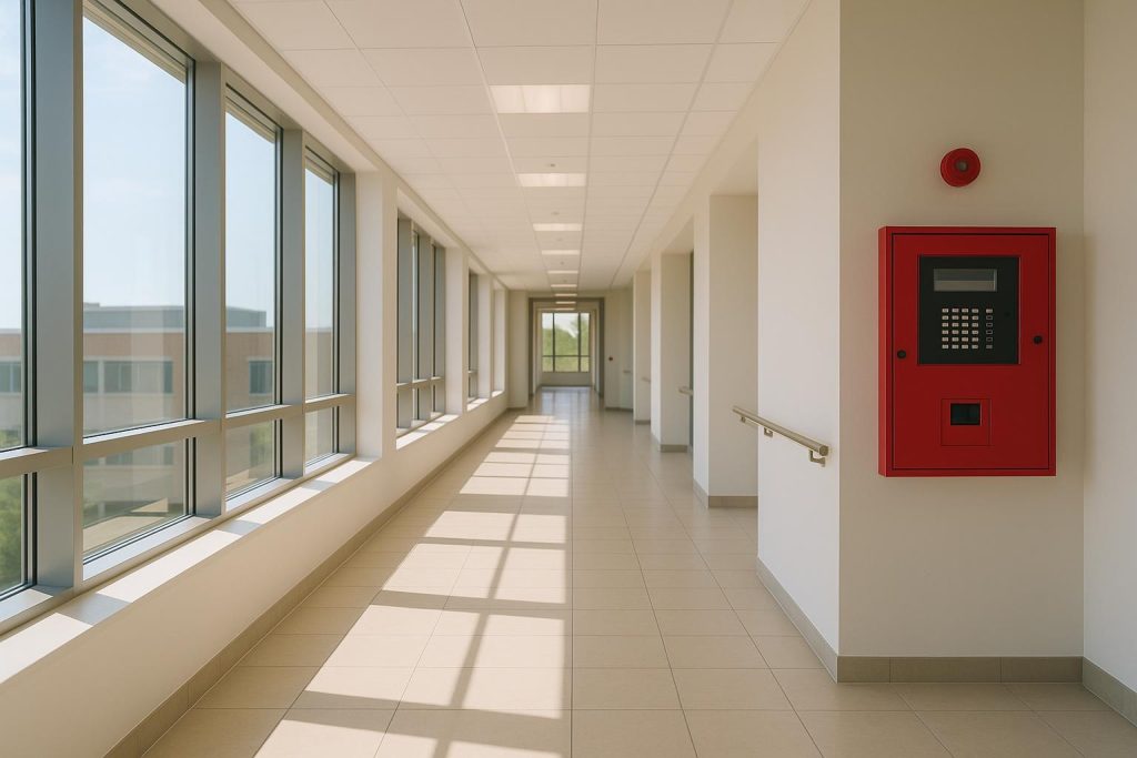 Bright hallway in a modern office building with a visible fire alarm panel, illustrating commercial fire alarm monitoring.