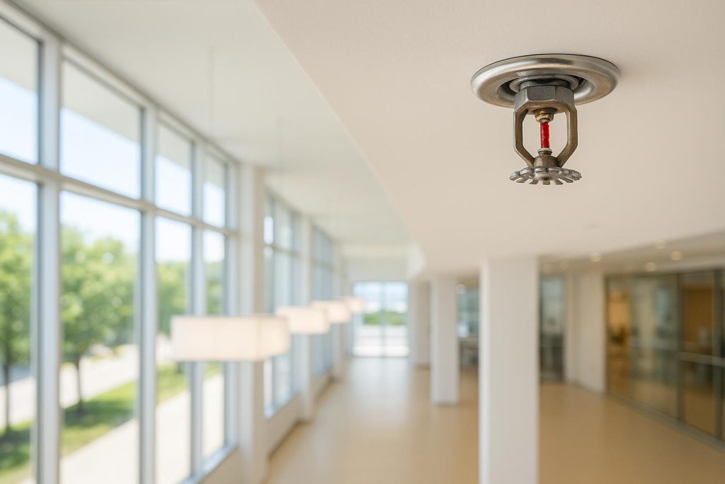 Close-up of a fire sprinkler system in a commercial facility.