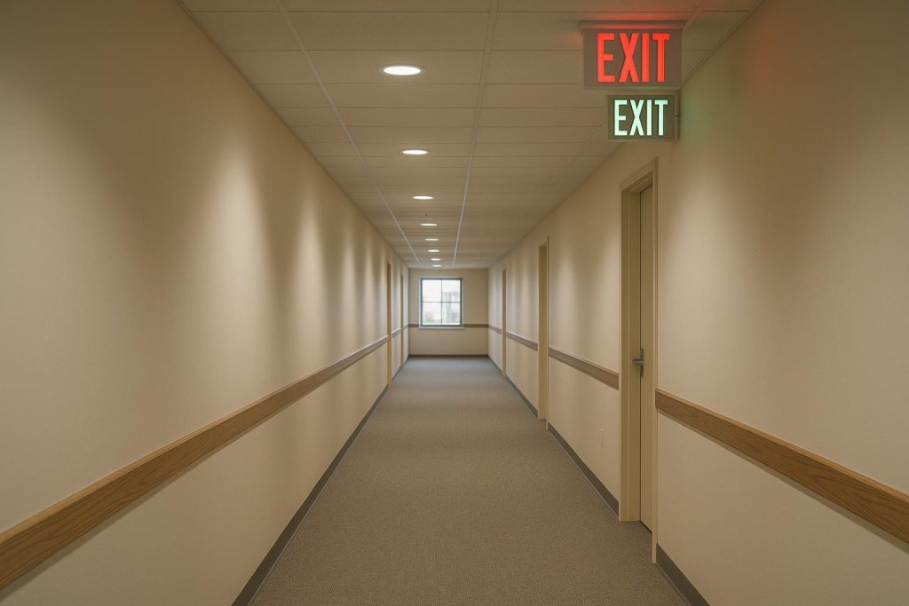 Red and green exit signs in a corridor demonstrating emergency lighting systems.