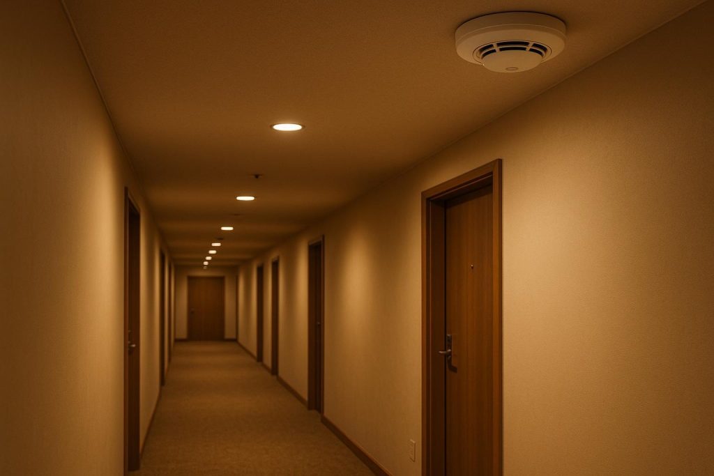 Commercial hallway smoke detector illustrating difference from a fire alarm.