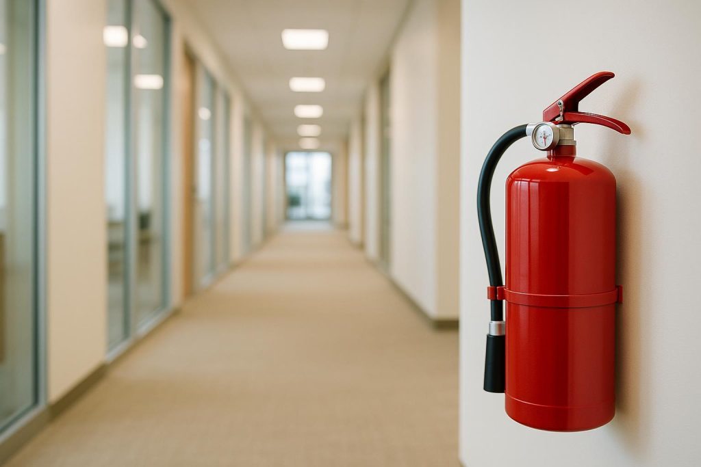 Red fire extinguisher in a commercial hallway for regular servicing.