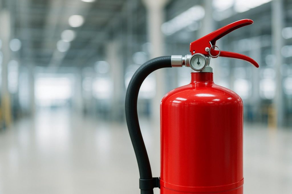 Close-up of a red fire extinguisher in an industrial setting, focusing on chemical content.