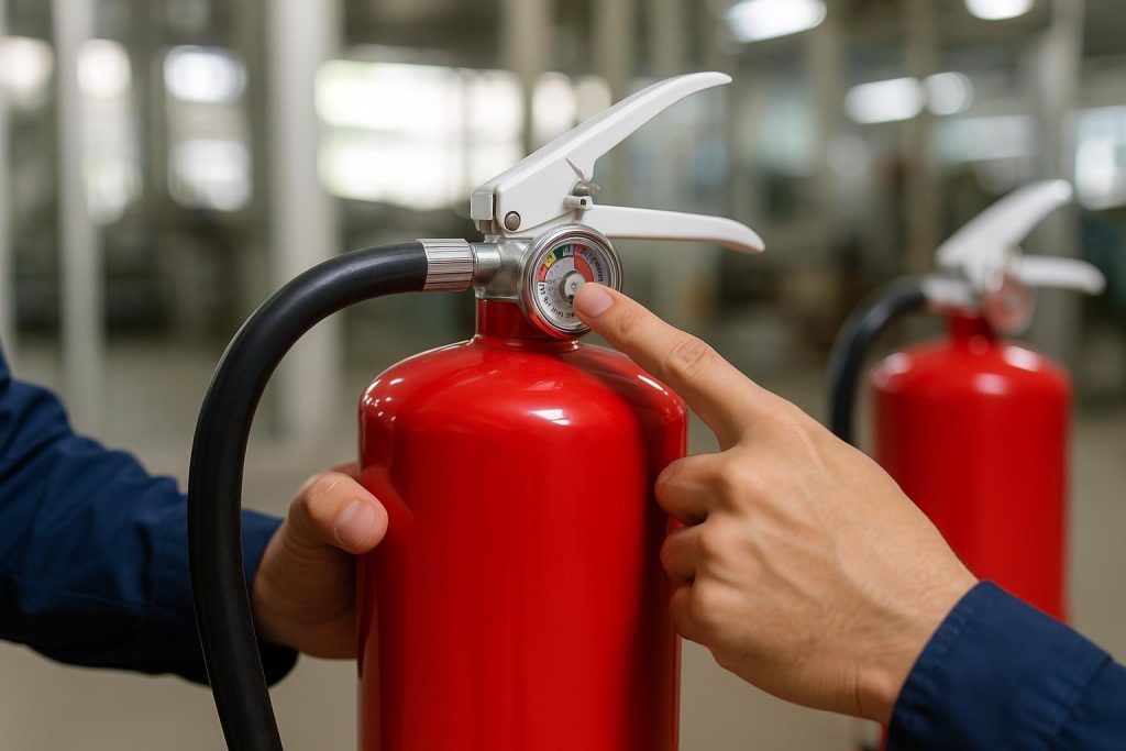 Close-up of a red fire extinguisher gauge checked for expiration.