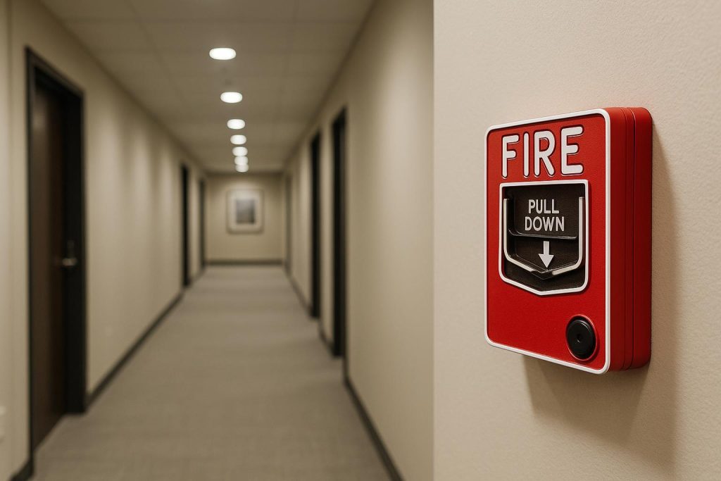 Modern corridor with a red fire alarm demonstrating top-of-the-line fire alarms