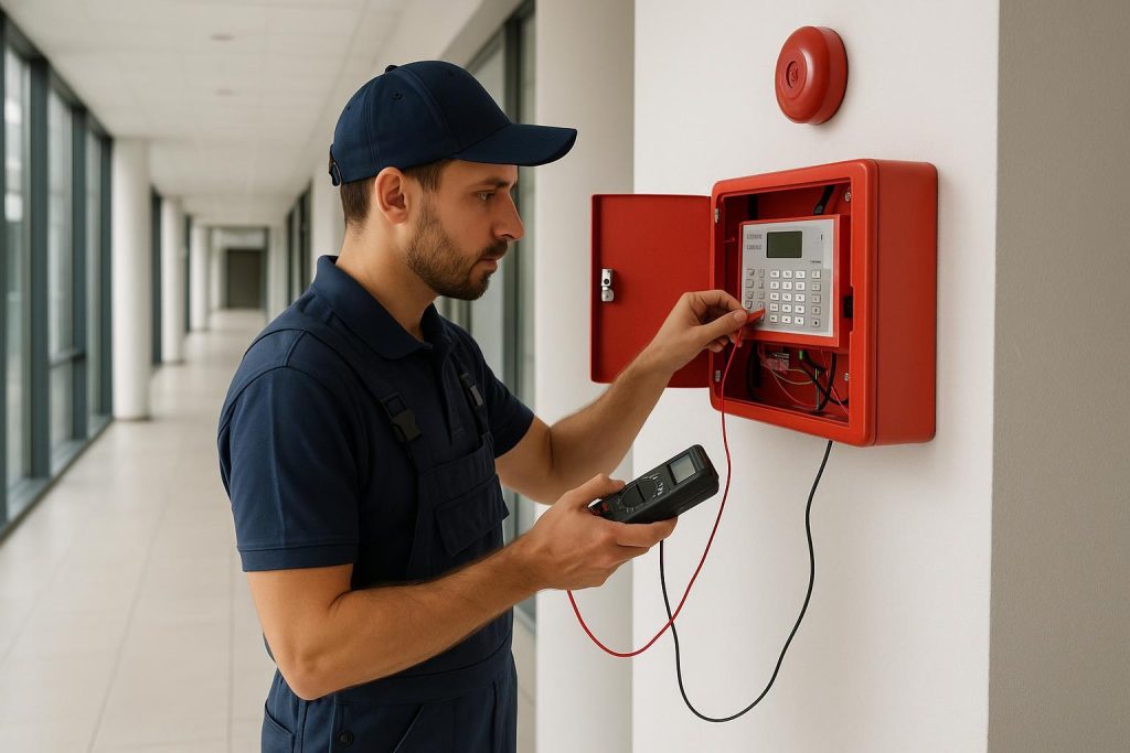 Technician conducting a fire alarm test in a commercial hallway.