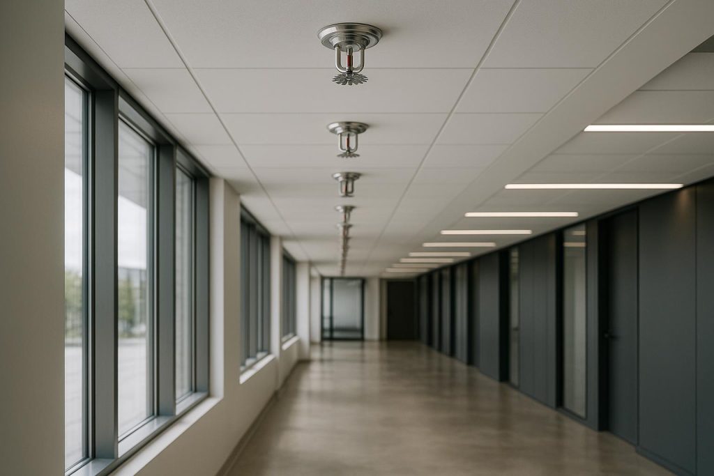Commercial hallway with overhead fire sprinklers for code compliance