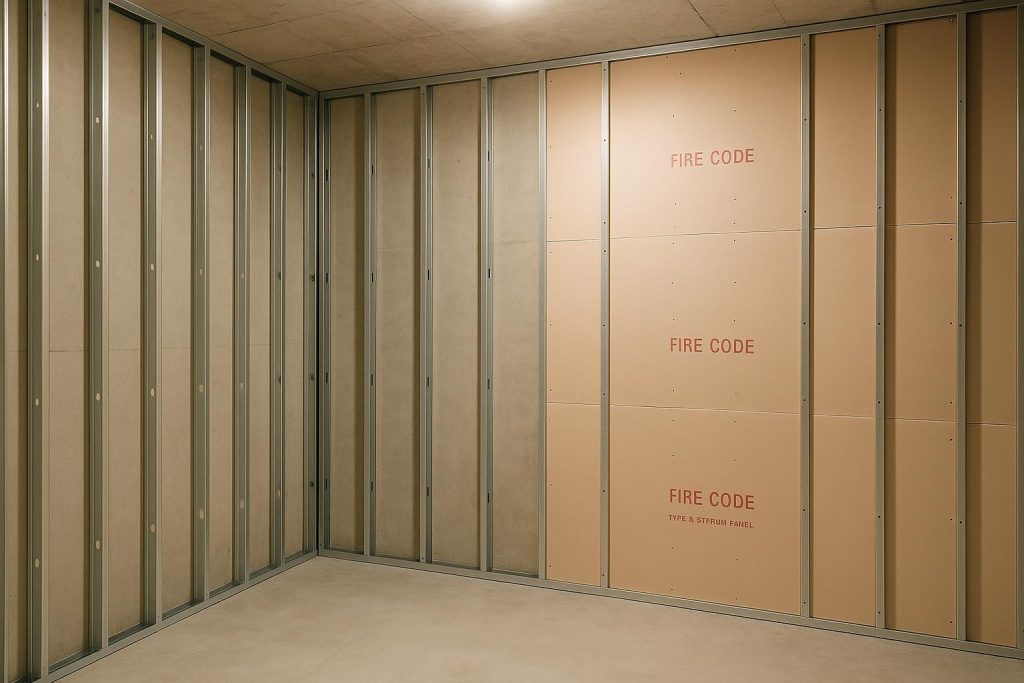 Close-up of a partially built commercial wall with code-compliant, fire rated drywall.
