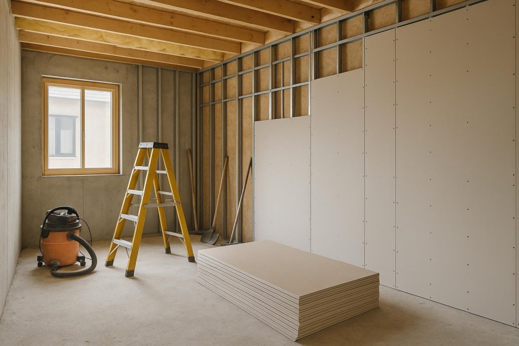 Indoor construction scene showing partially installed fire rated drywall.