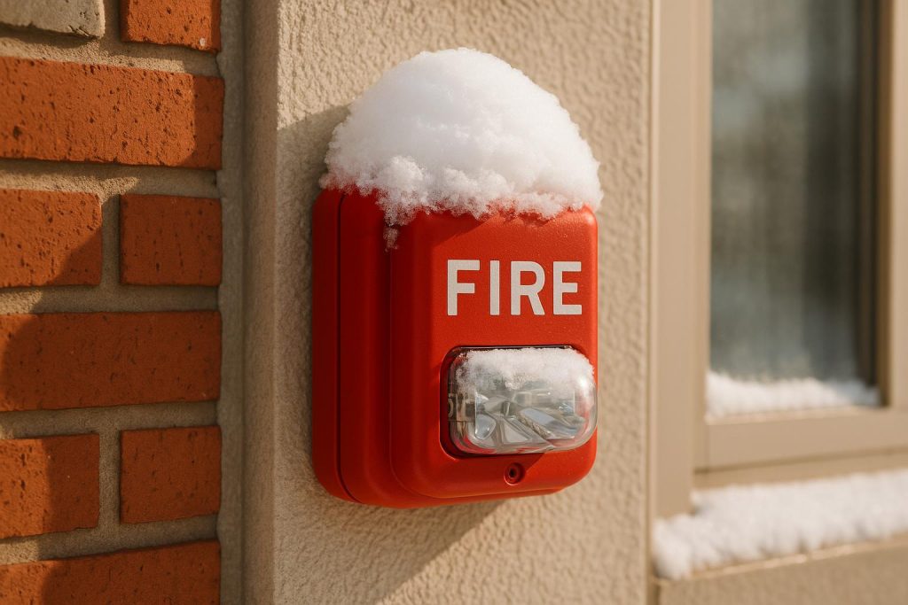 Red fire alarm panel partially covered in snow, showing cold weather impact.