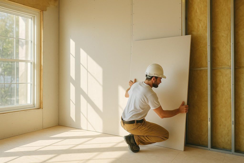 Professional installing fire rated drywall in a well-lit interior.