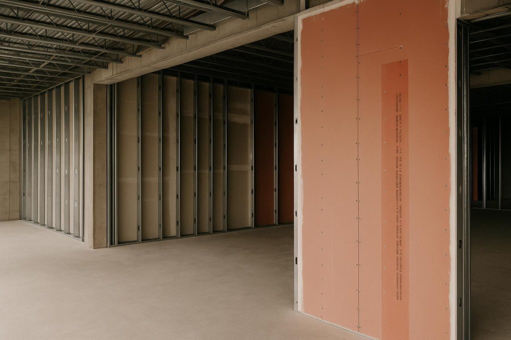 Close-up of fire-rated drywall used for passive fire protection.