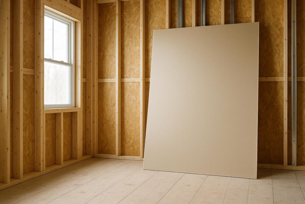 Close-up of thick fire rated drywall in a partially built interior space.