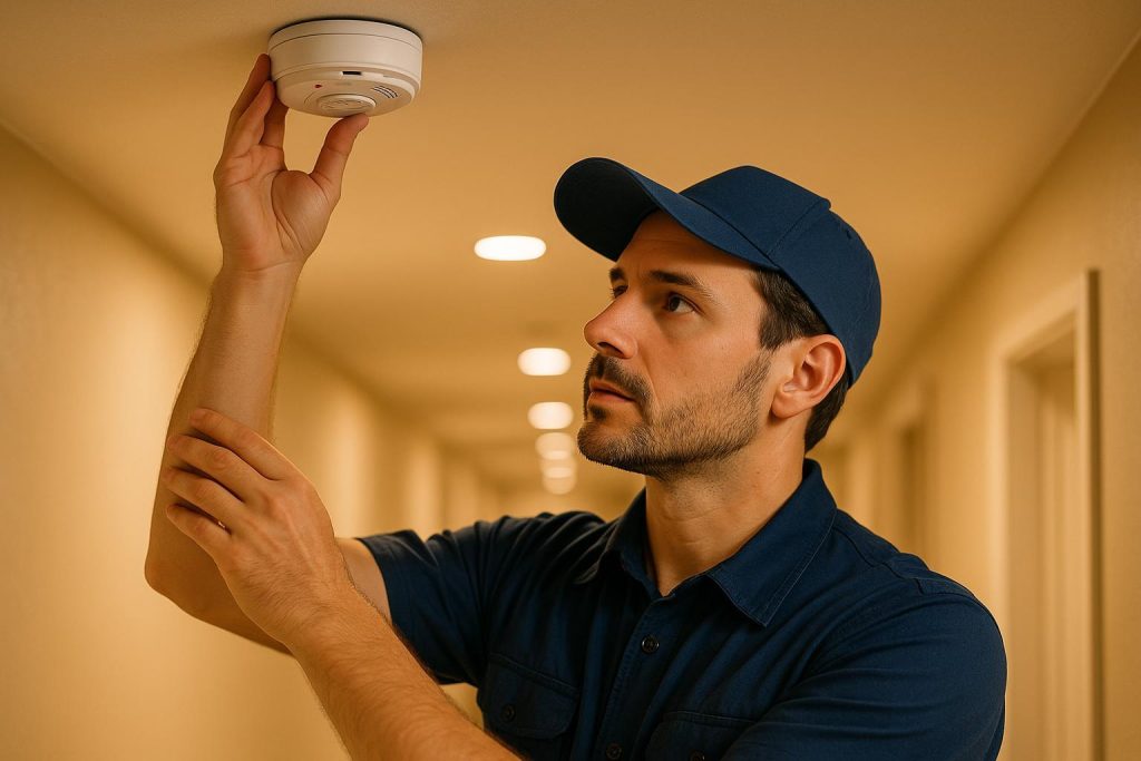 Technician adjusting a mounted fire alarm system in a hallway for proper installation.