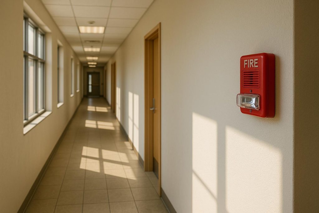 Commercial hallway with a bright red fire alarm on the wall.