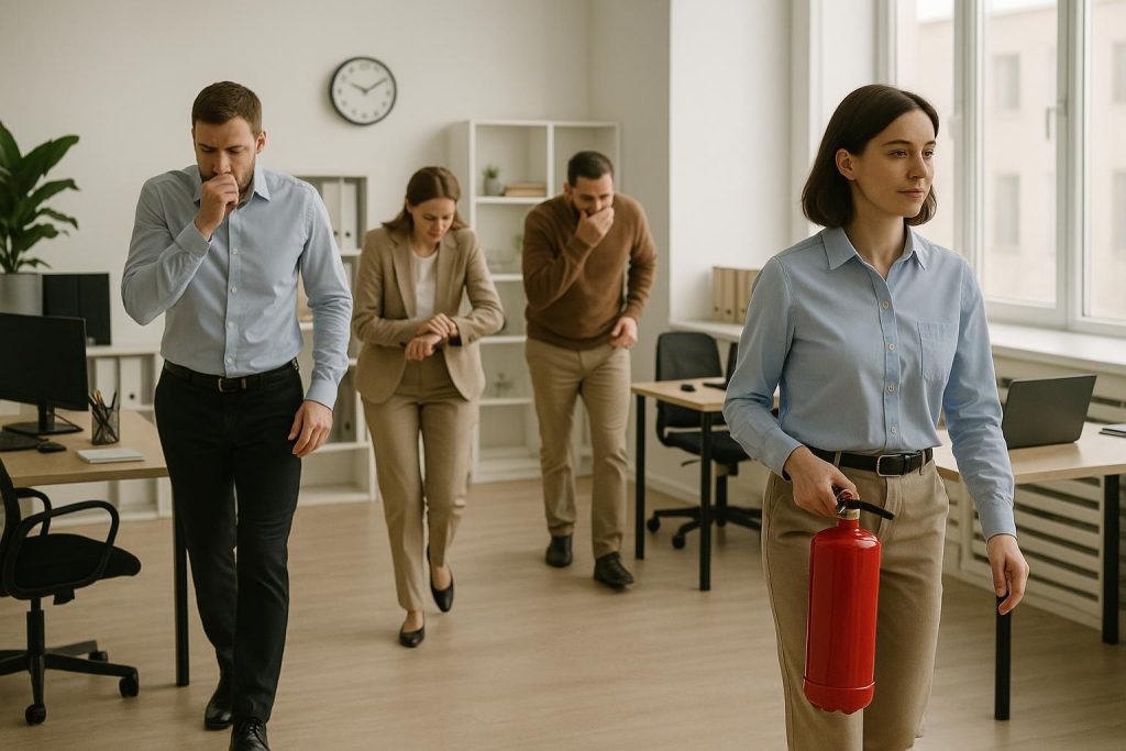 Office employees practicing a fire drill for workplace safety, reflecting fire protection services.