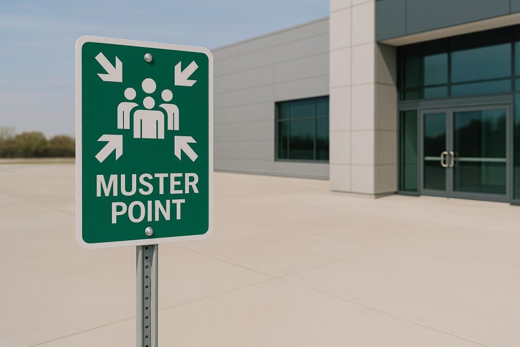 Outdoor muster point sign in Canada for fire safety procedures.
