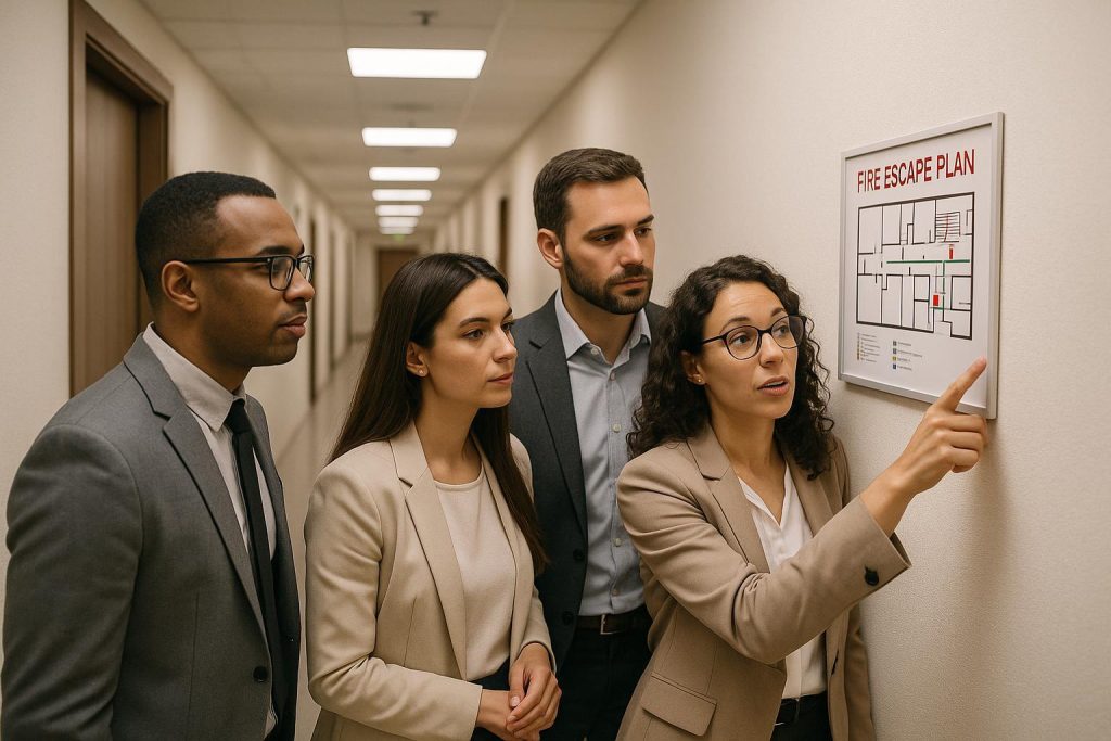 Employees in a bright corridor reviewing a fire escape plan for safety readiness.