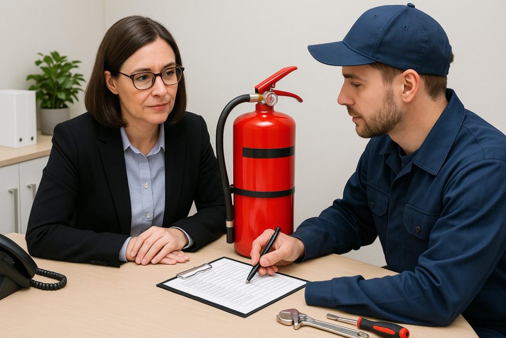 Facilities manager and technician review a fire extinguisher service checklist beside maintenance tools at a tidy desk.